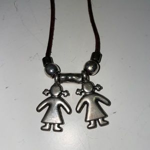 Vintage Two Daughters Pendant Necklace Mothers Fathers Gift Leather Chain